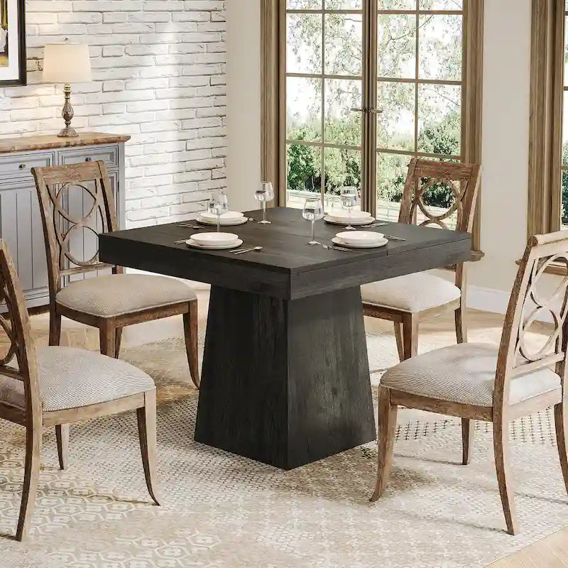 Table à manger piédestal carrée pour 4 personnes avec finition veinée bois marron rustique