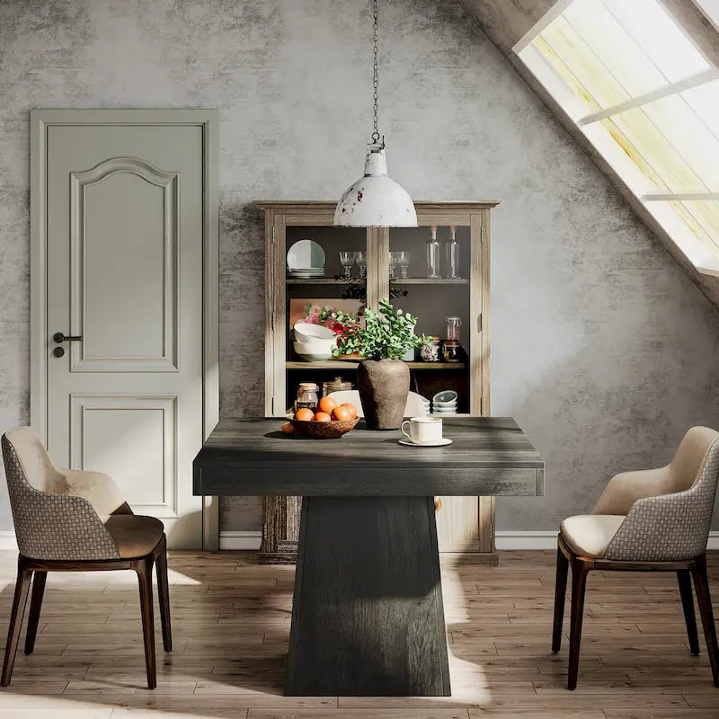 Table à manger piédestal carrée pour 4 personnes avec finition veinée bois marron rustique