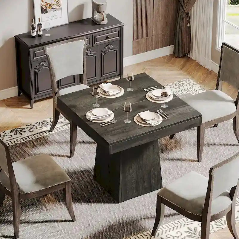 Table à manger piédestal carrée pour 4 personnes avec finition veinée bois marron rustique
