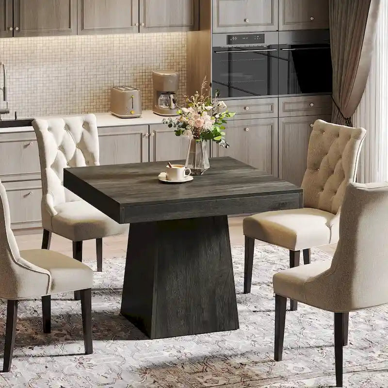 Table à manger piédestal carrée pour 4 personnes avec finition veinée bois marron rustique