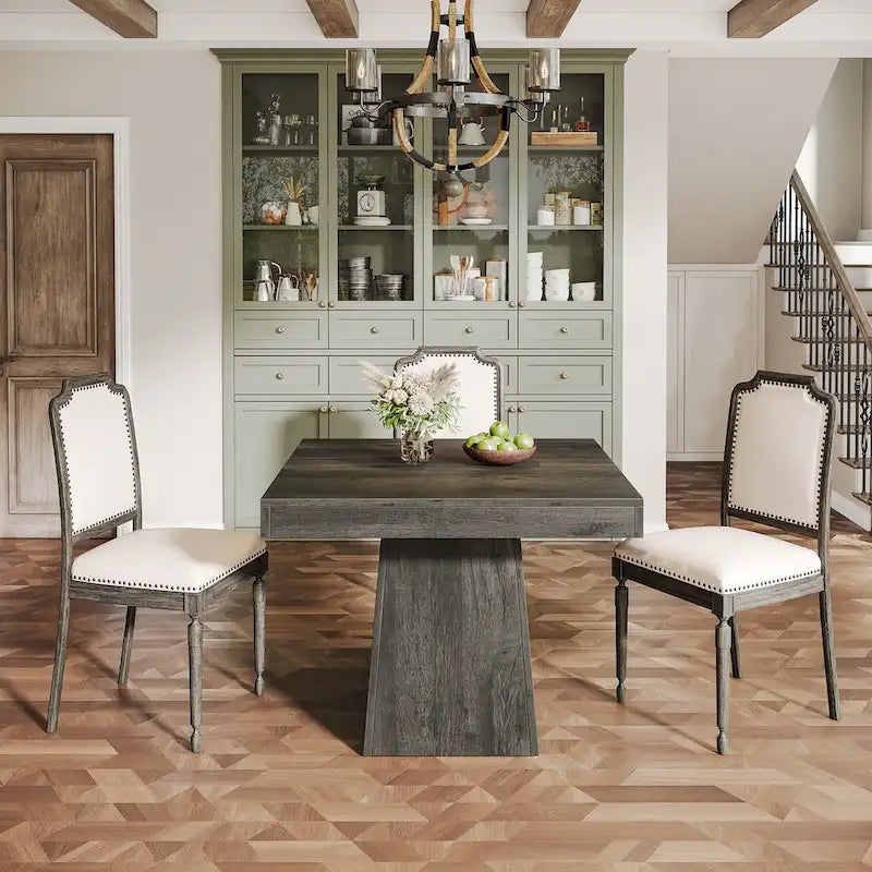 Table à manger piédestal carrée pour 4 personnes avec finition veinée bois marron rustique