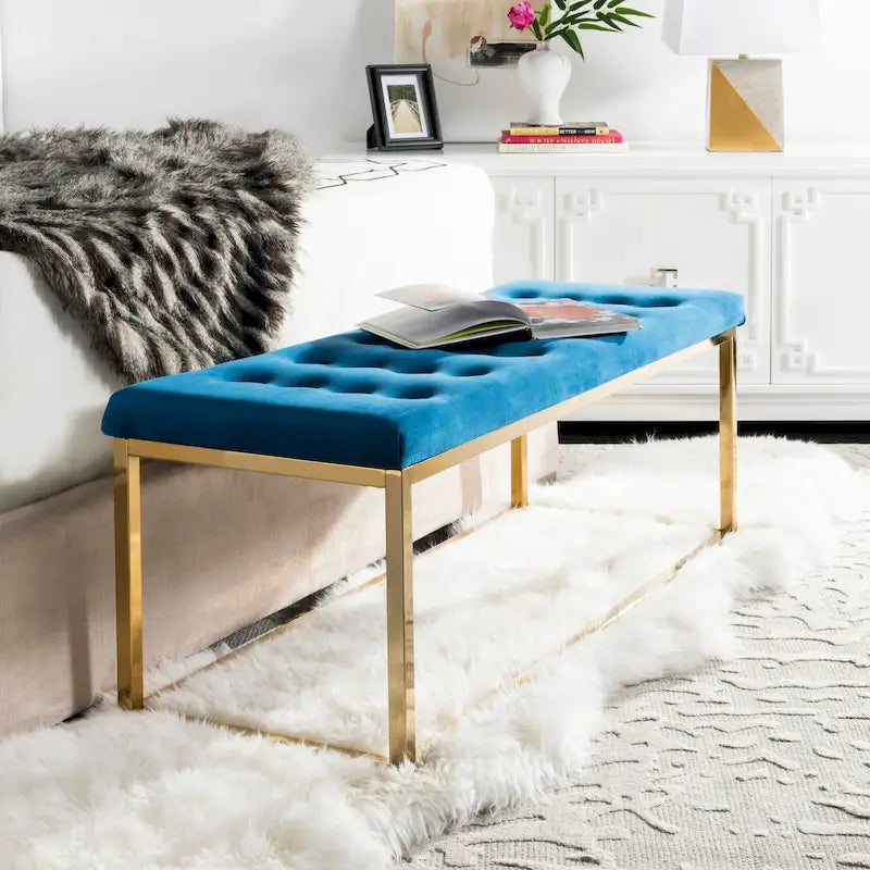 Banc de chambre/entrée capitonné avec cadre en métal, bleu marine