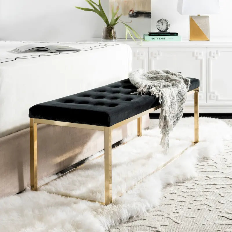 Banc de chambre/entrée capitonné avec cadre en métal, bleu marine