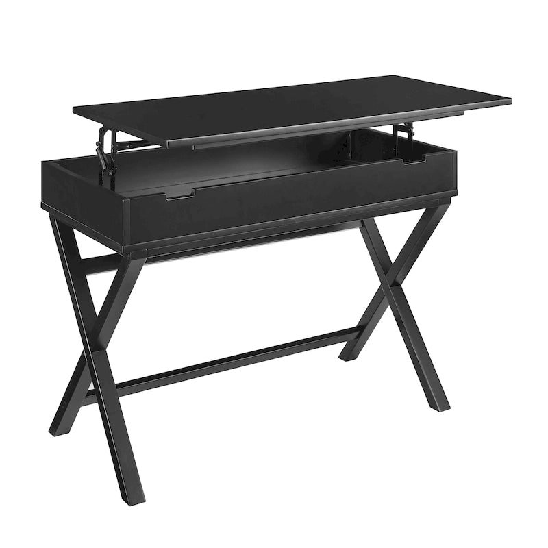 Bureau à plateau relevable de style campagne avec pieds en X, rangement dissimulé