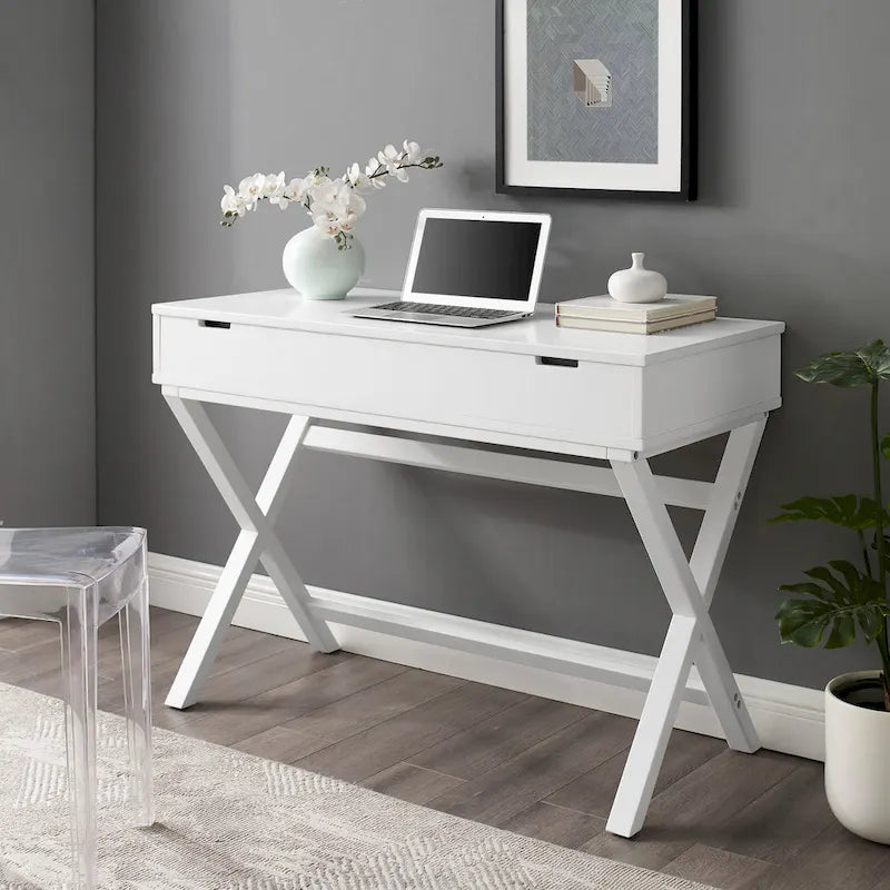 Bureau à plateau relevable de style campagne avec pieds en X, rangement dissimulé