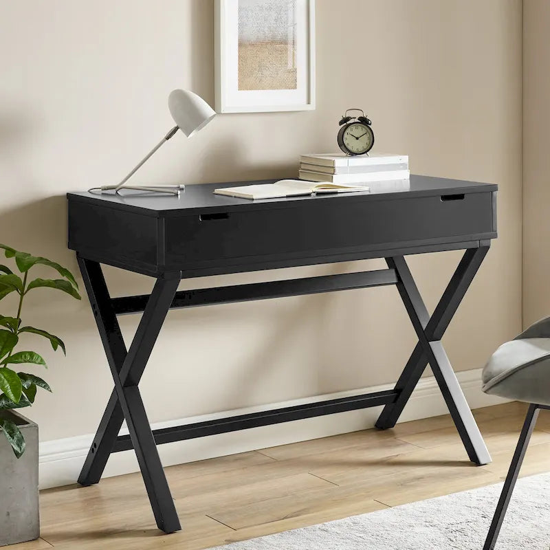 Bureau à plateau relevable de style campagne avec pieds en X, rangement dissimulé
