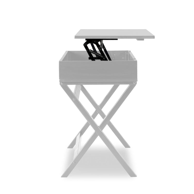 Bureau à plateau relevable de style campagne avec pieds en X, rangement dissimulé