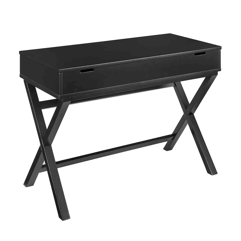 Bureau à plateau relevable de style campagne avec pieds en X, rangement dissimulé