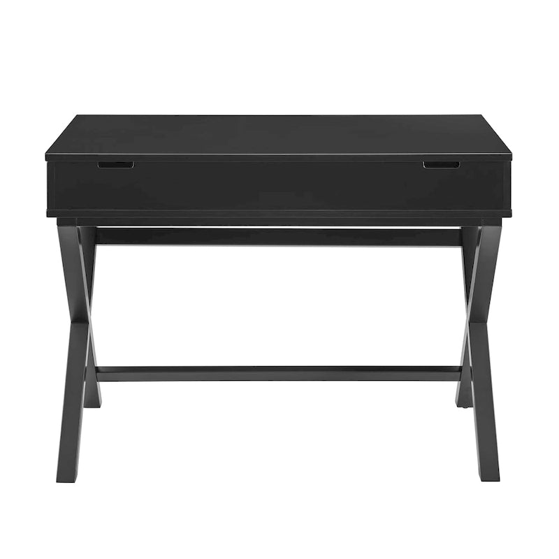 Bureau à plateau relevable de style campagne avec pieds en X, rangement dissimulé