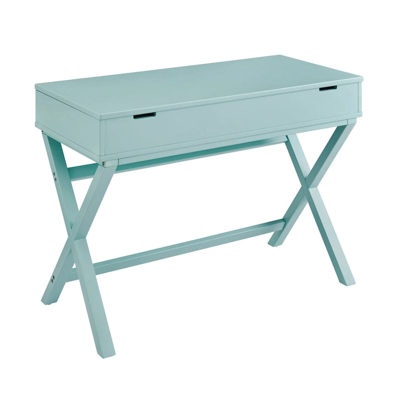 Bureau à plateau relevable de style campagne avec pieds en X, rangement dissimulé