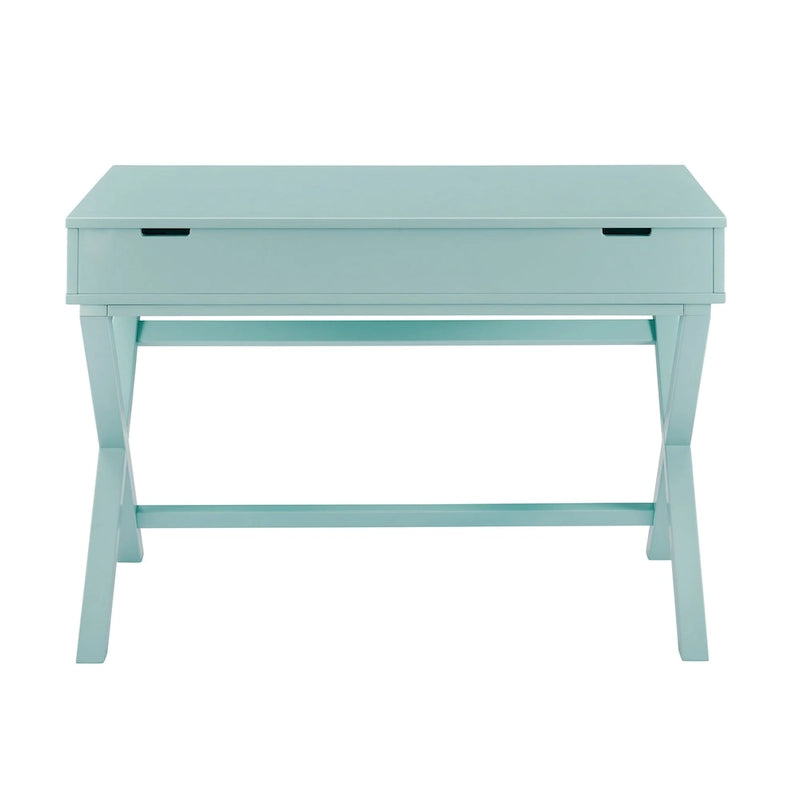 Bureau à plateau relevable de style campagne avec pieds en X, rangement dissimulé