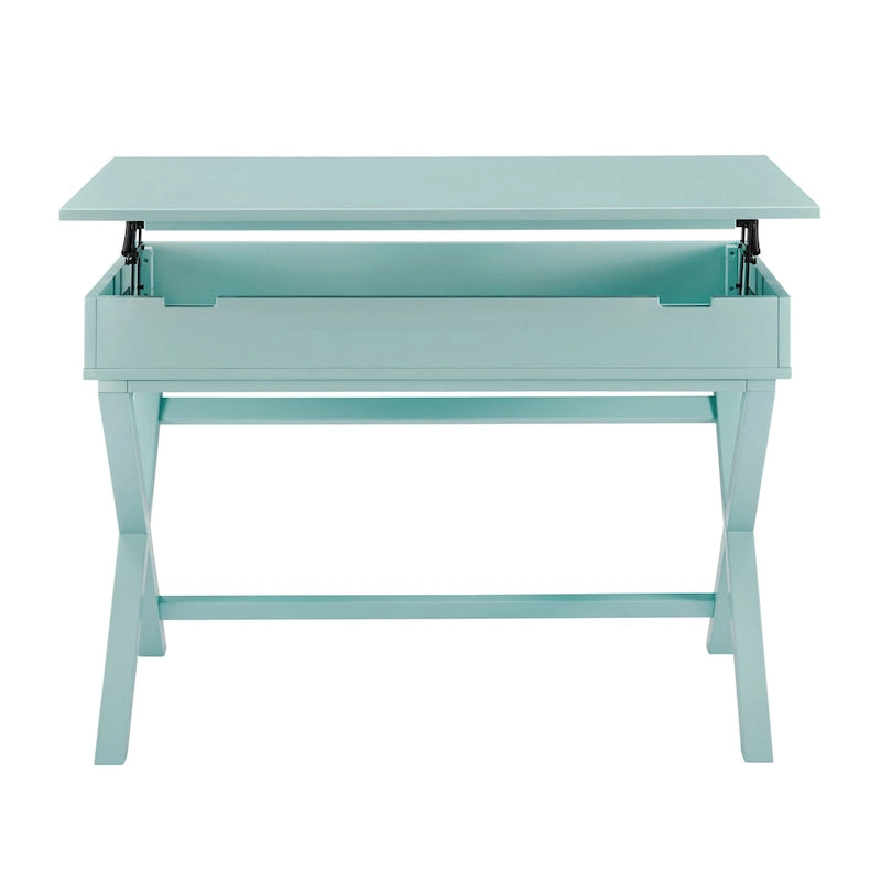 Bureau à plateau relevable de style campagne avec pieds en X, rangement dissimulé