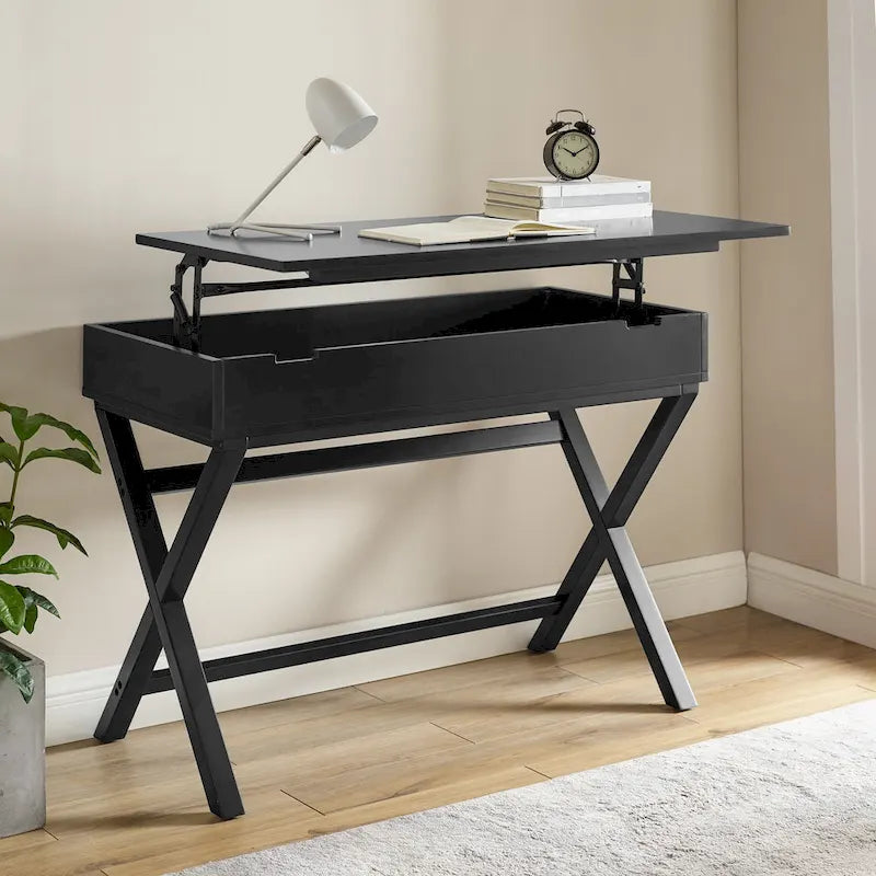 Bureau à plateau relevable de style campagne avec pieds en X, rangement dissimulé