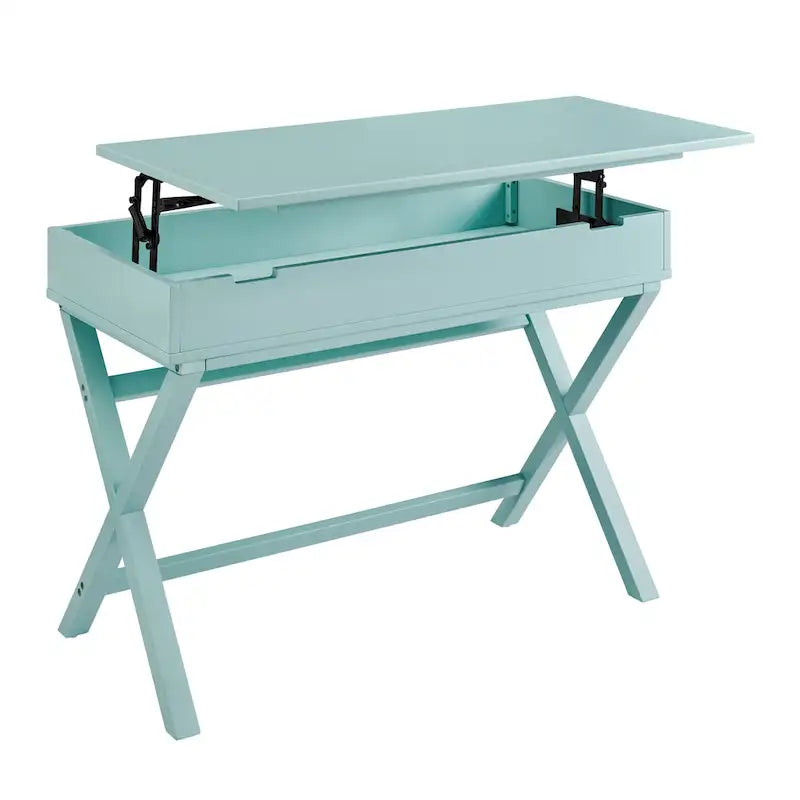 Bureau à plateau relevable de style campagne avec pieds en X, rangement dissimulé
