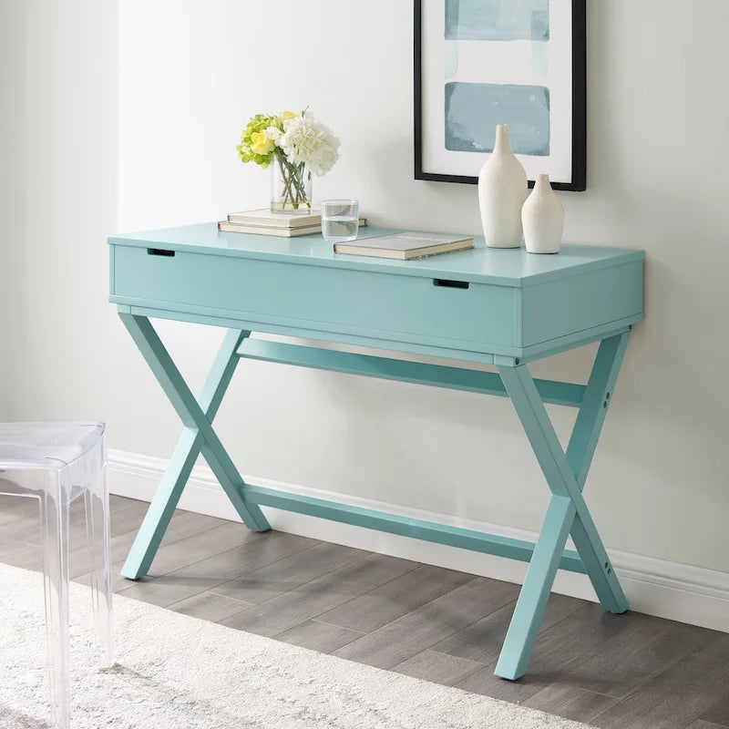 Bureau à plateau relevable de style campagne avec pieds en X, rangement dissimulé