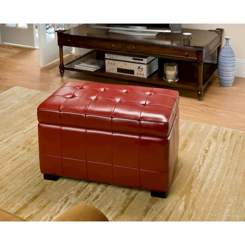 Banc de rangement en similicuir bicast matelassé rouge avec pieds en bois noir