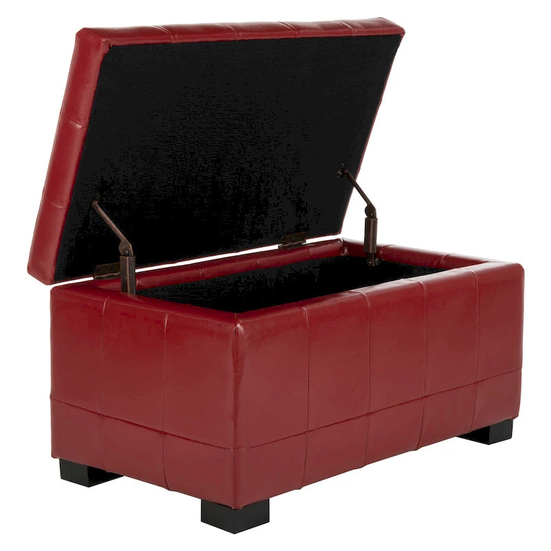 Banc de rangement en similicuir bicast matelassé rouge avec pieds en bois noir