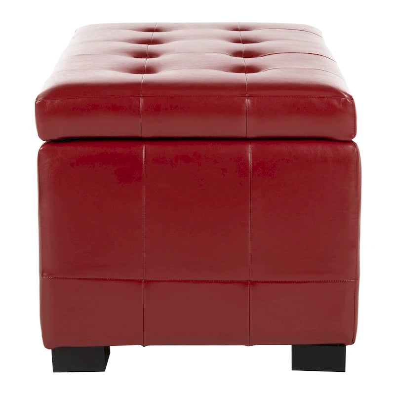 Banc de rangement en similicuir bicast matelassé rouge avec pieds en bois noir