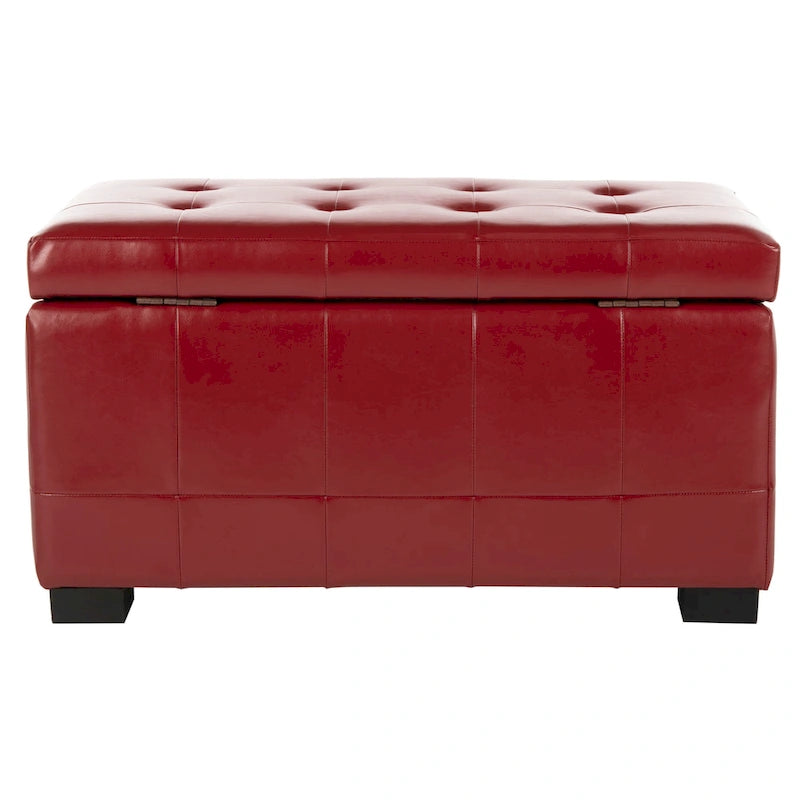 Banc de rangement en similicuir bicast matelassé rouge avec pieds en bois noir