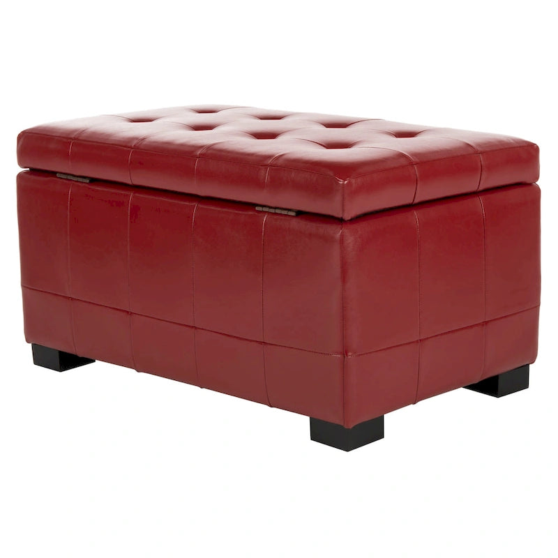 Banc de rangement en similicuir bicast matelassé rouge avec pieds en bois noir