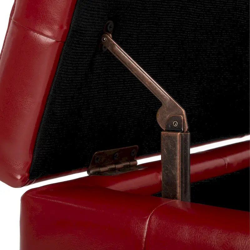Banc de rangement en similicuir bicast matelassé rouge avec pieds en bois noir