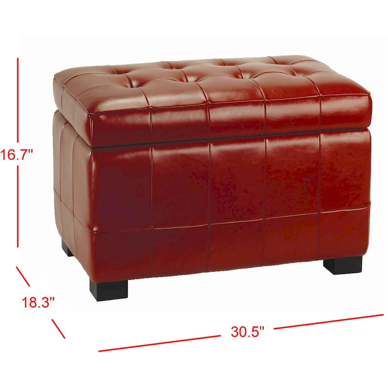 Banc de rangement en similicuir bicast matelassé rouge avec pieds en bois noir