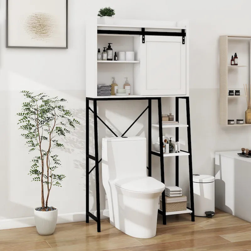 Meuble de rangement de salle de bain au-dessus des toilettes avec porte coulissante style grange, cadre en métal blanc et noir
