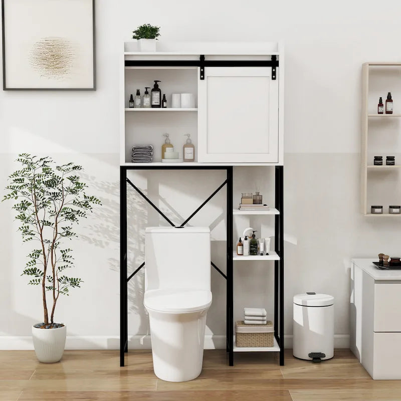 Meuble de rangement de salle de bain au-dessus des toilettes avec porte coulissante style grange, cadre en métal blanc et noir