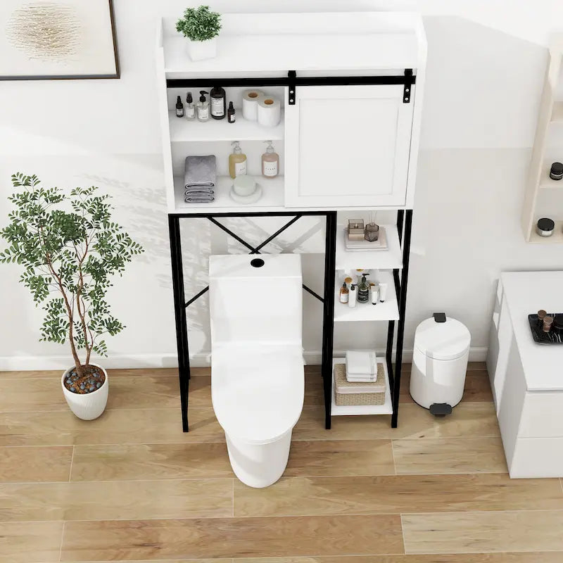 Meuble de rangement de salle de bain au-dessus des toilettes avec porte coulissante style grange, cadre en métal blanc et noir