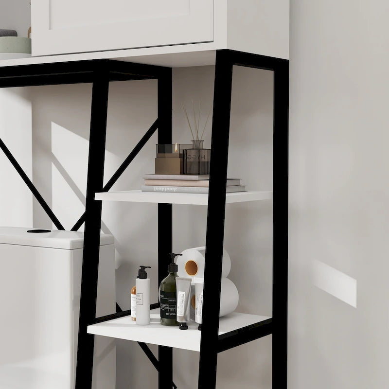Meuble de rangement de salle de bain au-dessus des toilettes avec porte coulissante style grange, cadre en métal blanc et noir