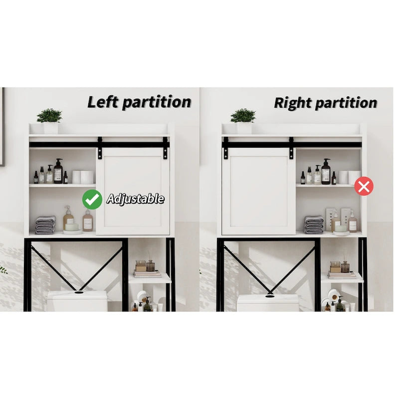 Meuble de rangement de salle de bain au-dessus des toilettes avec porte coulissante style grange, cadre en métal blanc et noir