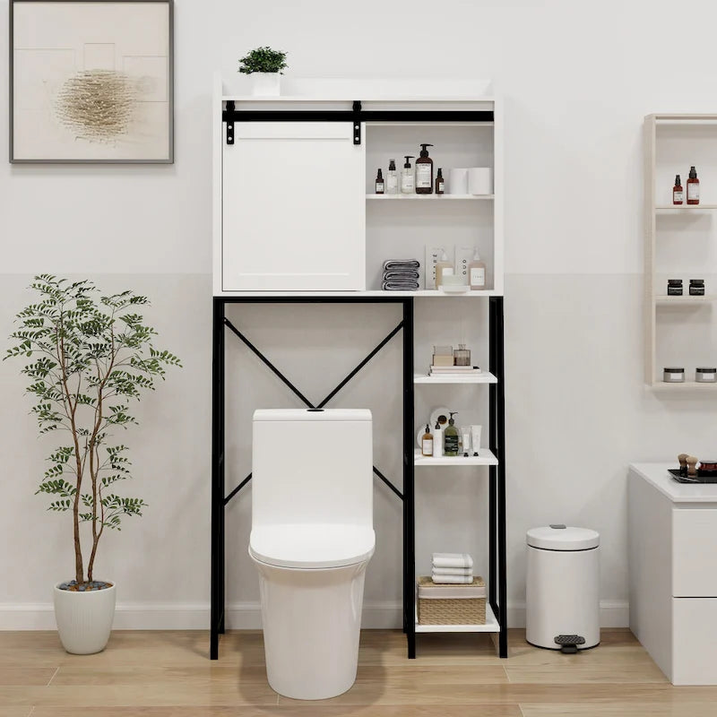 Meuble de rangement de salle de bain au-dessus des toilettes avec porte coulissante style grange, cadre en métal blanc et noir