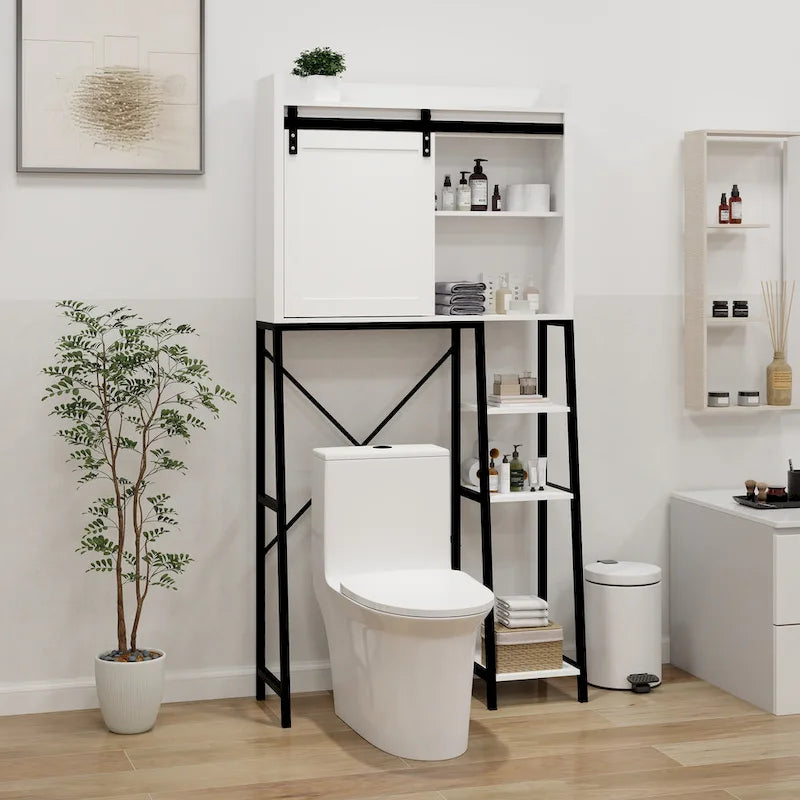 Meuble de rangement de salle de bain au-dessus des toilettes avec porte coulissante style grange, cadre en métal blanc et noir