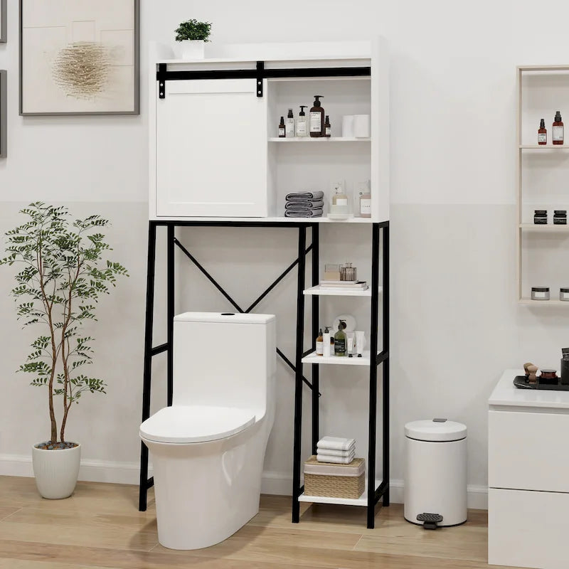 Meuble de rangement de salle de bain au-dessus des toilettes avec porte coulissante style grange, cadre en métal blanc et noir