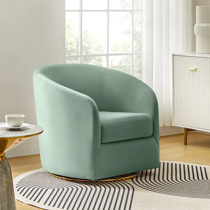 Fauteuil d'appoint pivotant incurvé en velours sauge avec base en métal doré
