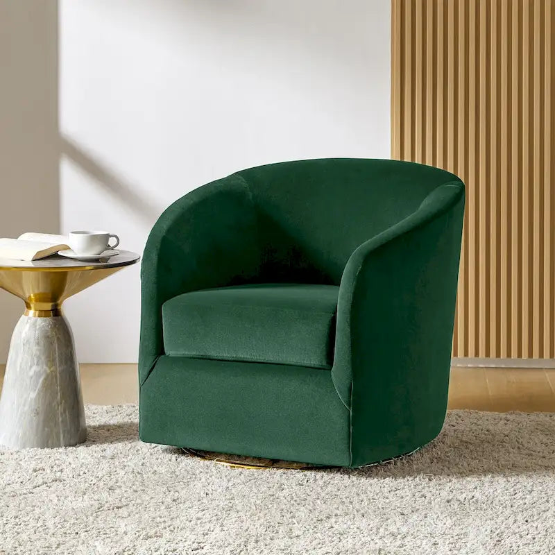 Fauteuil d'appoint pivotant incurvé en velours sauge avec base en métal doré