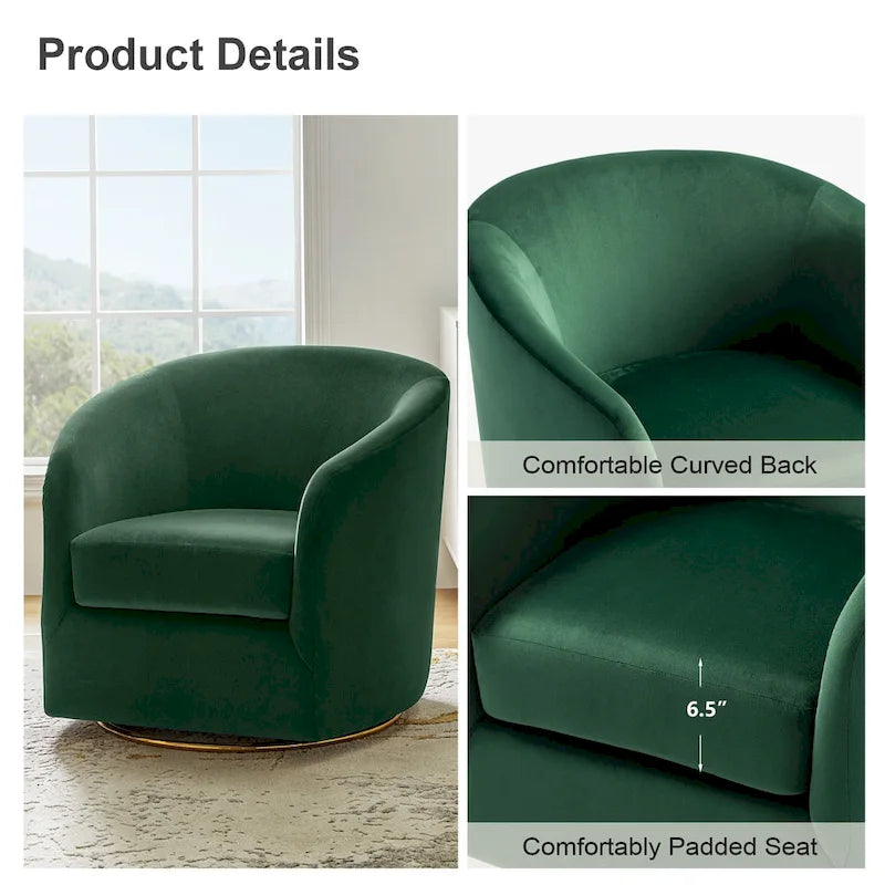 Fauteuil d'appoint pivotant incurvé en velours sauge avec base en métal doré