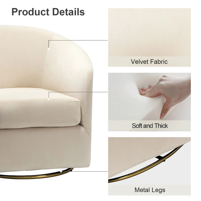 Fauteuil d'appoint pivotant incurvé en velours sauge avec base en métal doré
