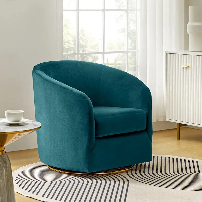 Fauteuil d'appoint pivotant incurvé en velours sauge avec base en métal doré