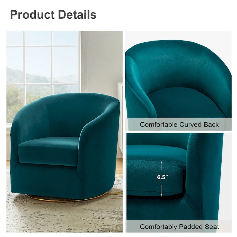 Fauteuil d'appoint pivotant incurvé en velours sauge avec base en métal doré