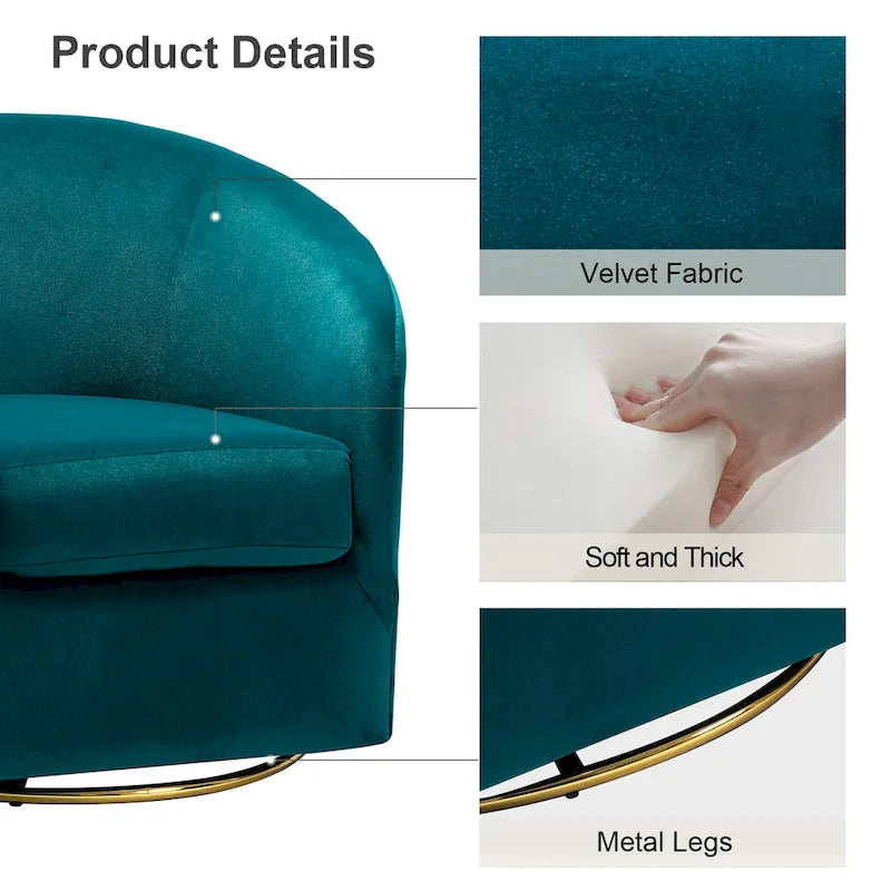 Fauteuil d'appoint pivotant incurvé en velours sauge avec base en métal doré