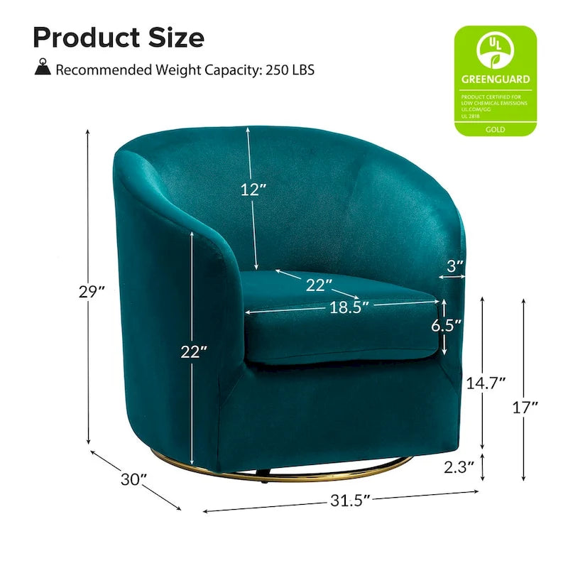 Fauteuil d'appoint pivotant incurvé en velours sauge avec base en métal doré
