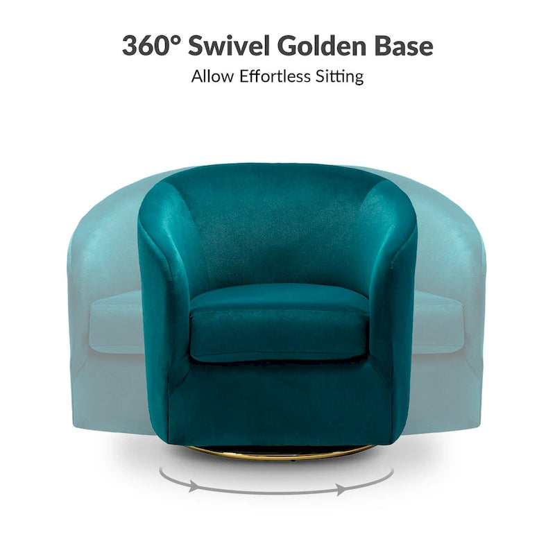 Fauteuil d'appoint pivotant incurvé en velours sauge avec base en métal doré