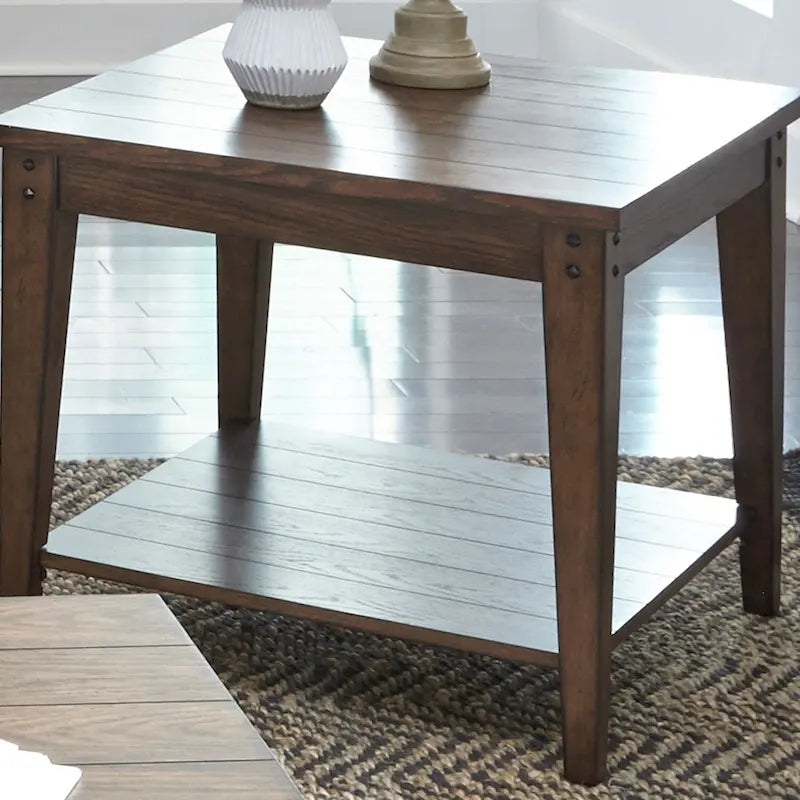 Table d'appoint carrée Lampe Effet Chêne Marron Rustique avec Plateau à Lattes en Placage de Bois et Étagère Inférieure