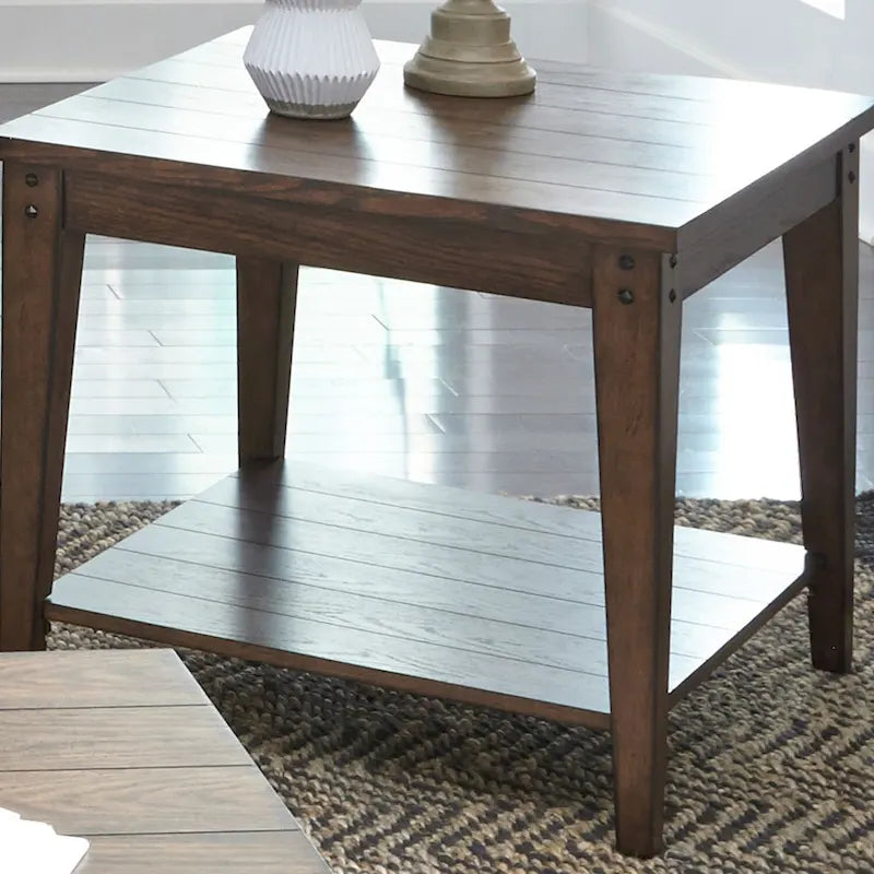 Liberty Furniture Lake House Square Lamp Accent Table Rustic Brown Oak