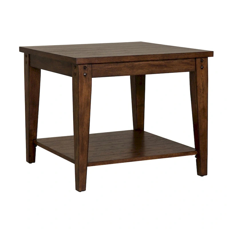 Table d'appoint carrée Lampe Effet Chêne Marron Rustique avec Plateau à Lattes en Placage de Bois et Étagère Inférieure