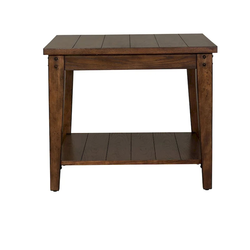 Table d'appoint carrée Lampe Effet Chêne Marron Rustique avec Plateau à Lattes en Placage de Bois et Étagère Inférieure