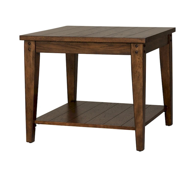Table d'appoint carrée Lampe Effet Chêne Marron Rustique avec Plateau à Lattes en Placage de Bois et Étagère Inférieure