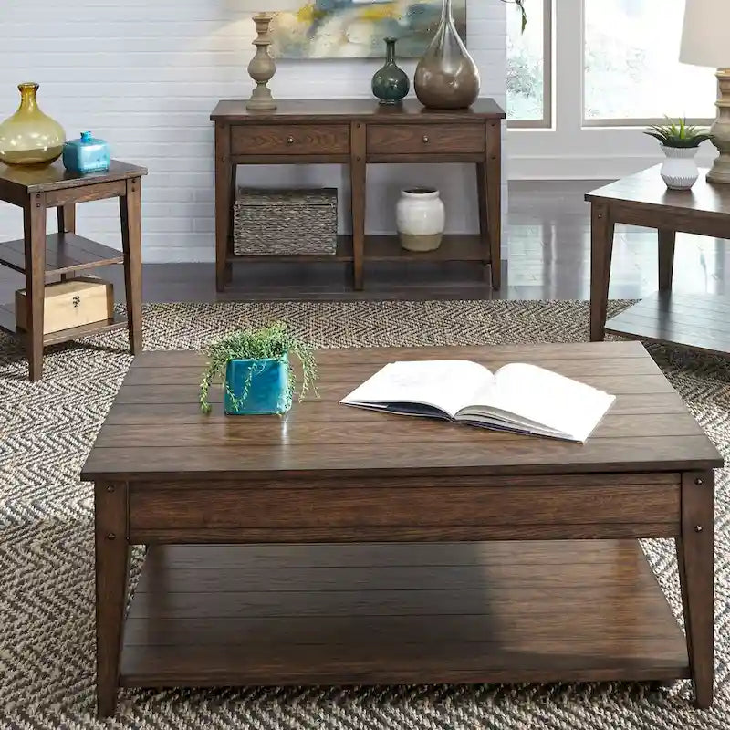 Table d'appoint carrée Lampe Effet Chêne Marron Rustique avec Plateau à Lattes en Placage de Bois et Étagère Inférieure