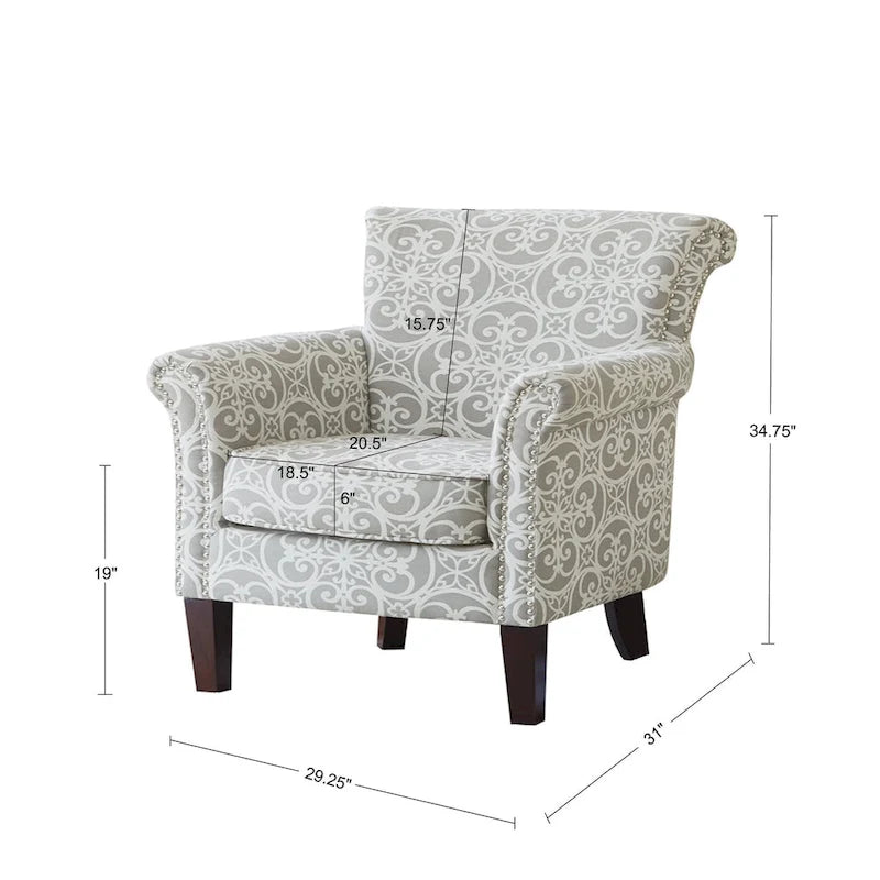 Fauteuil club capitonné avec motif de frettes et clous décoratifs argentés